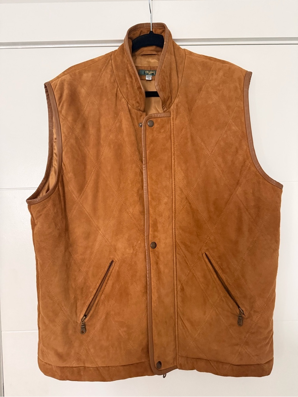 Tom James 100% Leather Men's Suede Quilted Vest - Cognac Brown